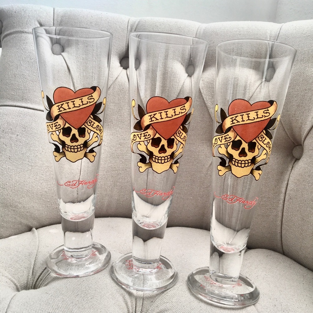 💛 New Set of 3 Ed Hardy tall drinking bar glasses beer Champagne